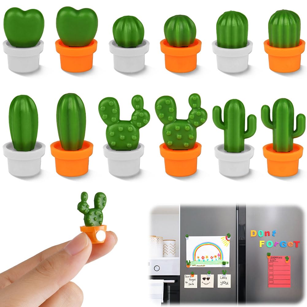 AUAUY 12PCS 3D Mini Cactus Fridge Magnets, Strong and Cute for Whiteboard, Office, Kitchen, Home Decor, Refrigerator Use - Creative Magnetic Stickers for Adults