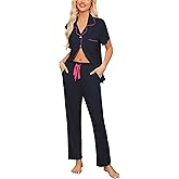 Anjue Pajamas for Women Soft Button Up Pajama Set Short Sleeve Shirt and Long Pants Lounge Sets S-XXL
