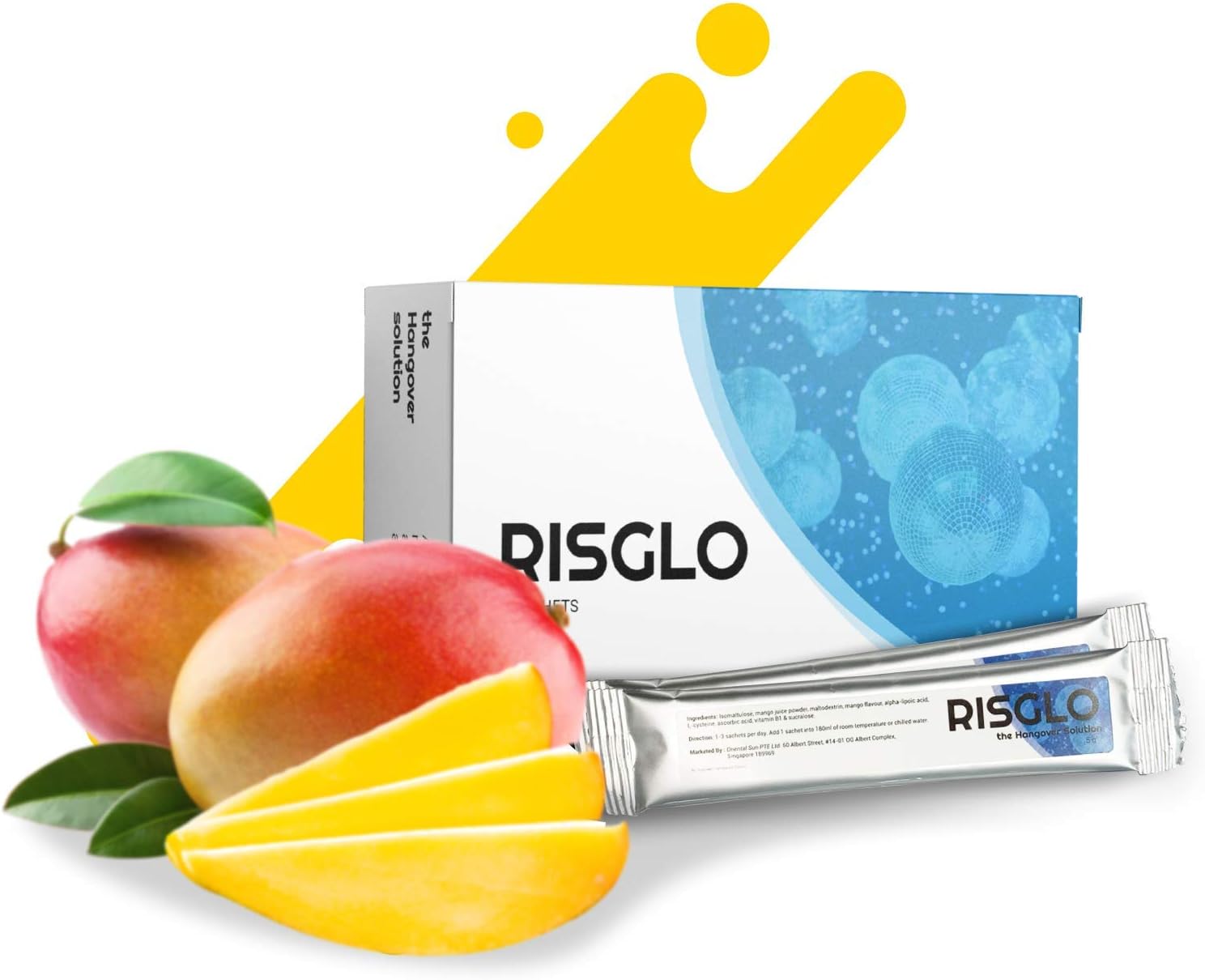 RISGLO Hangover Prevention & Cure, Alcohol Recovery, Hydration Multiplier, Natural Ingredients, Vitamins Minerals and Fruit extracts, Hangover Solution, Supplement Drink Mix (Mango Flavor, 9 sachets)