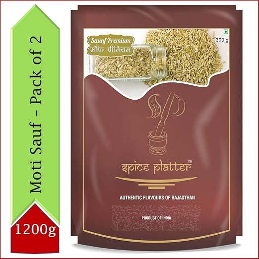Spice Platter Premium Fennel Seeds/ Moti Sauf/ Whole Sauf (1200g) Pack of 2 (1Kg+200G) Pouch, 2 x 1200 g