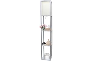Simple Designs LF1014-GRY Floor Lamp Organizer Storage Shelf with Linen Shade, Gray