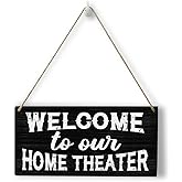 Rustic Movie Theater Sign Wood Wall Art Wall Hanging Decor Funny Welcome Sign Wooden Decorative Plaque Sign for Home Farmhouse Bar Cafes Pubs Media Room Decorations Welcome to Our Home Theater