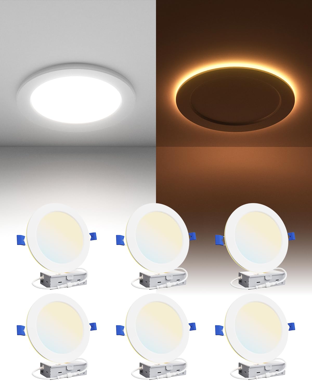 Photo 1 of Ensenior 6 Pack 6 Inch LED Recessed Ceiling Light with Night Light, Dimmable, 2700K-5000K 5CCT, 1050LM 12W 120V, High Brightness Canless Wafer Downlight - FCC