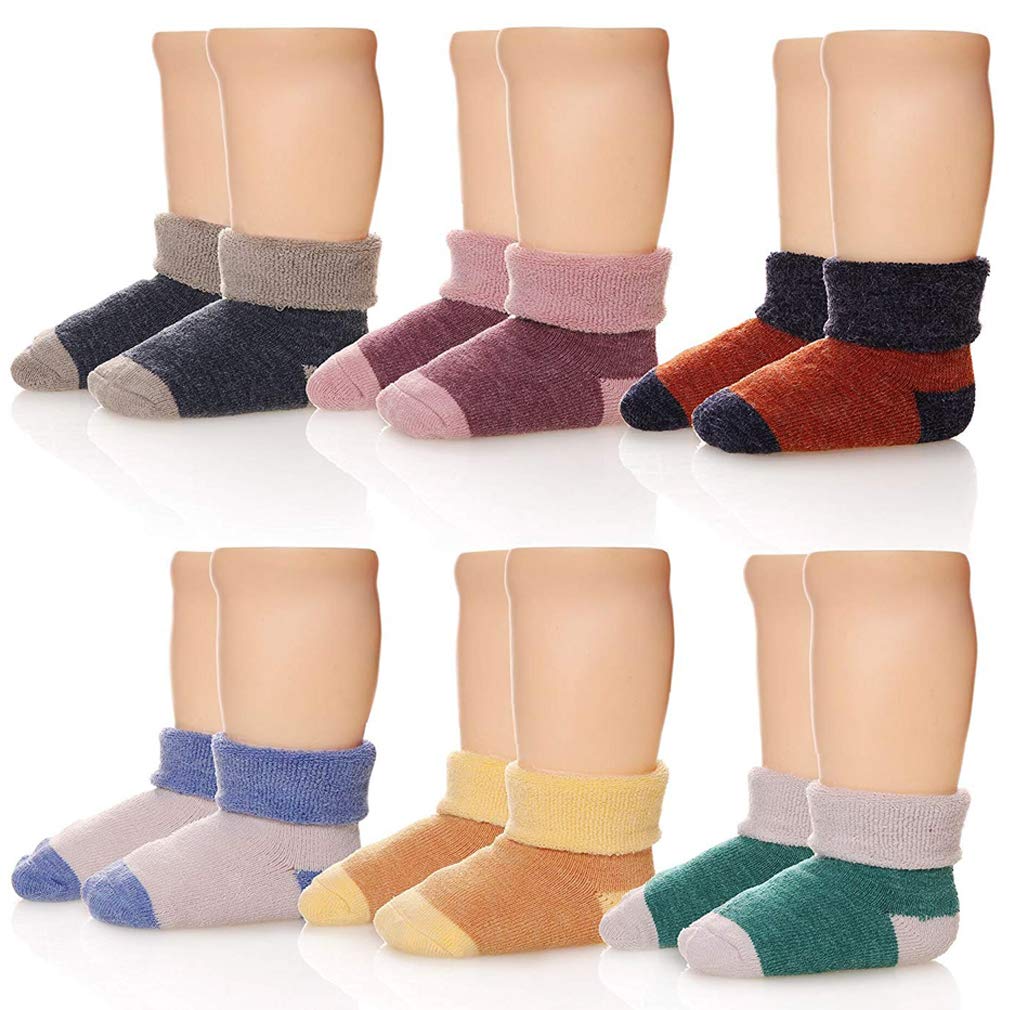 Z-Chen 6 Pairs Baby Kids Winter Thick Warm Wool Socks, Solid Color, 0-1 Years