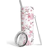 Heqianco Cherry Blossom Gifts for Women,Tumbler With Lid And Straw, 20oz Cherry Blossom Stainless Steel Cup,Insulated Water Bottle Coffee Wine Tea Travel Mug Pink Tumbler