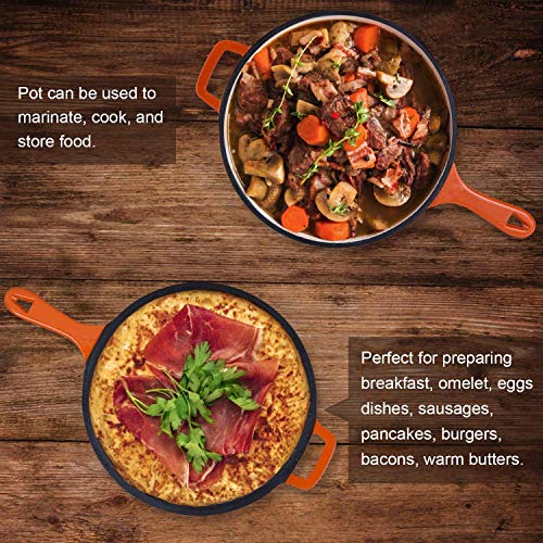 Enameled 2-In-1 Cast Iron Multi-Cooker - Heavy Duty 3.2 Quart Skillet and Lid Set, Versatile Healthy Design, Non-Stick Kitchen Cookware, Use As Dutch Oven Frying Pan (Orange)