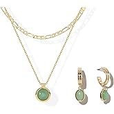 DISTANT DRUMS Simple Natural Green Aventurine Stone Jewelry Set for Women,Hoop Earrings,Bracelet,Necklace,18K Gold-plated Spiritual Gift,Fortunate Stone Jewelry,Choker