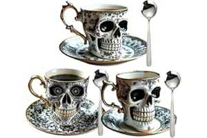Frewac Royal Skull Coffee Mug, Ornate Gothic Porcelain Tea Cup with Saucer Set, Diabolical Bonehead Cup, Funny Gold Trim Halloween Gifts Ceramic Cup, Great for Coffee Lovers And Collector(3PCS)