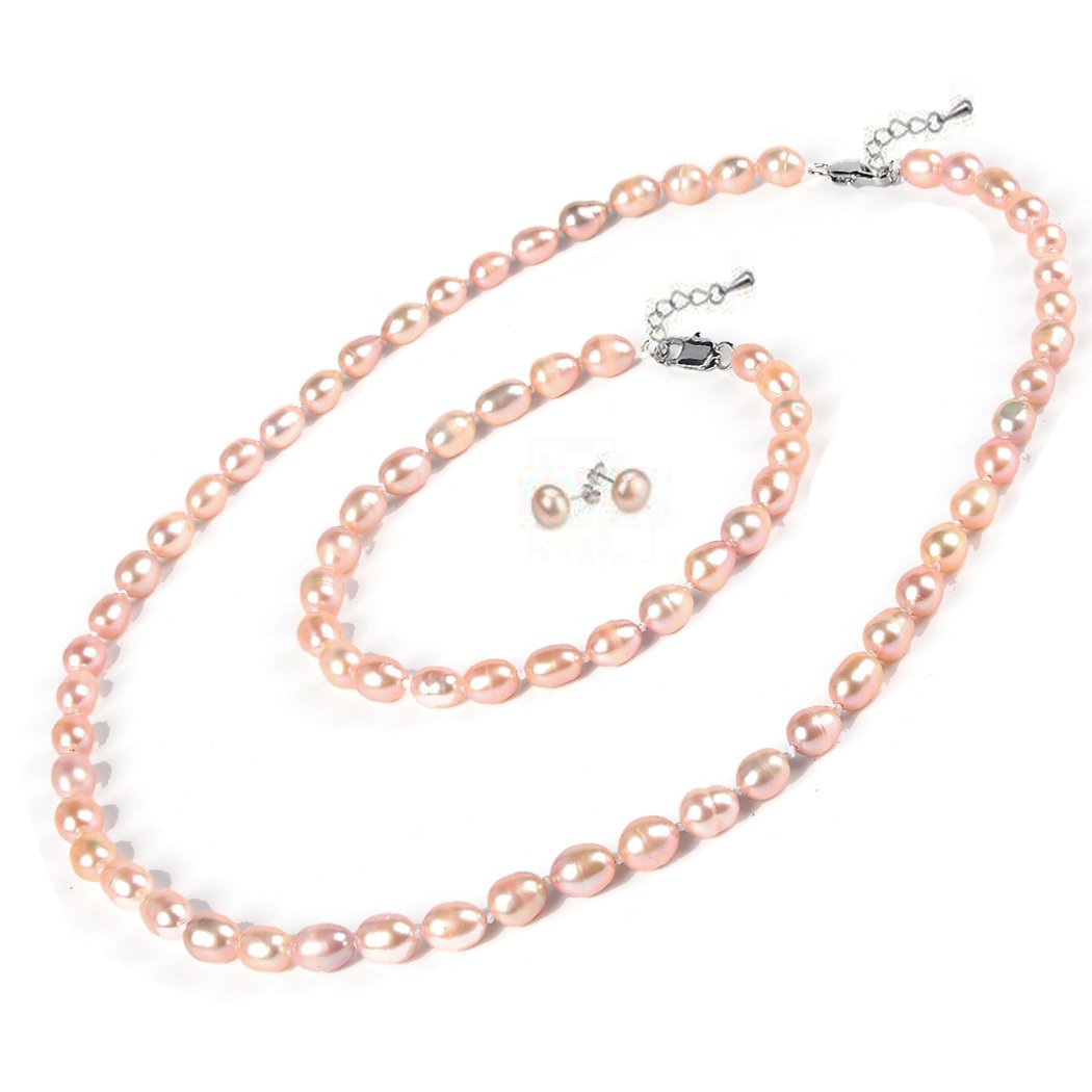Treasure Bay FAB Elegant 7-8mm Rice Shape Freshwater Pearl Necklace Bracelet and Earring Jewellery Set for women and Girls (Pink Colour) — image 1