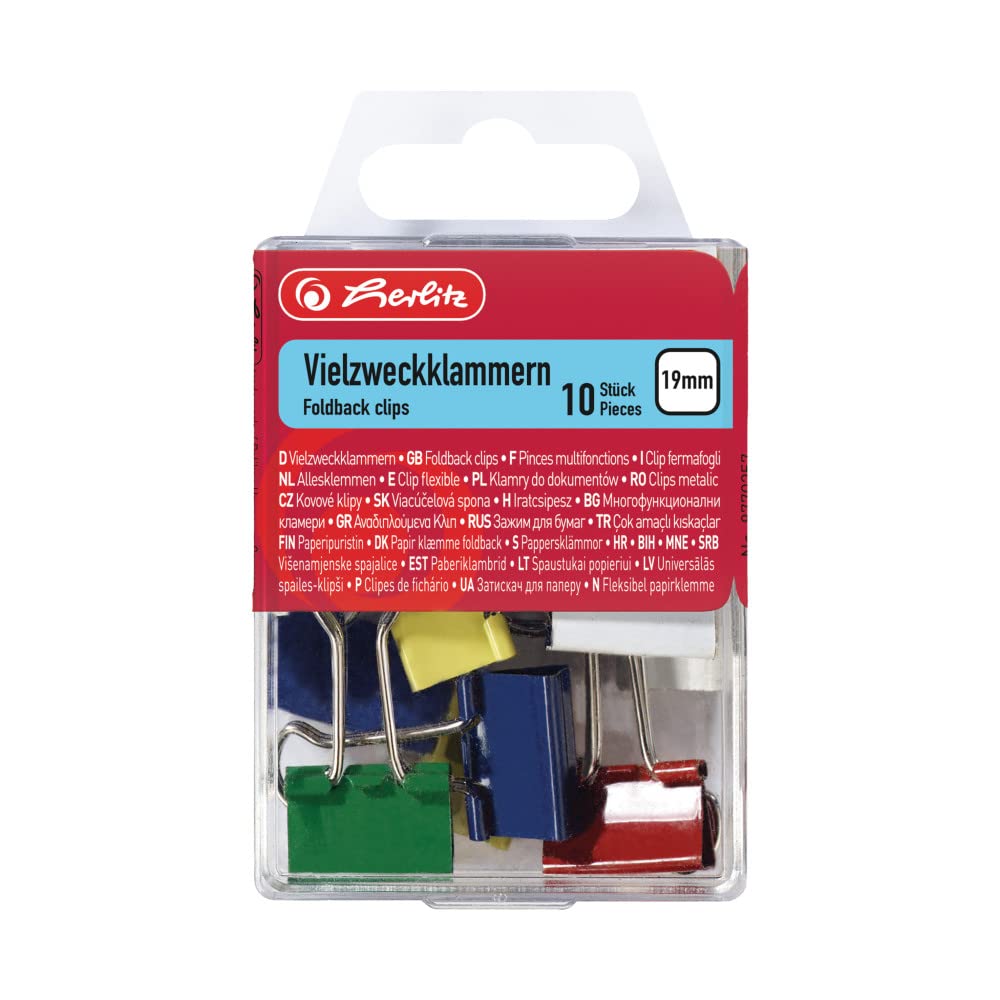 Herlitz 19mm Metal Binder Clip - Pack of 10 in Hanging Box - Assorted Colours