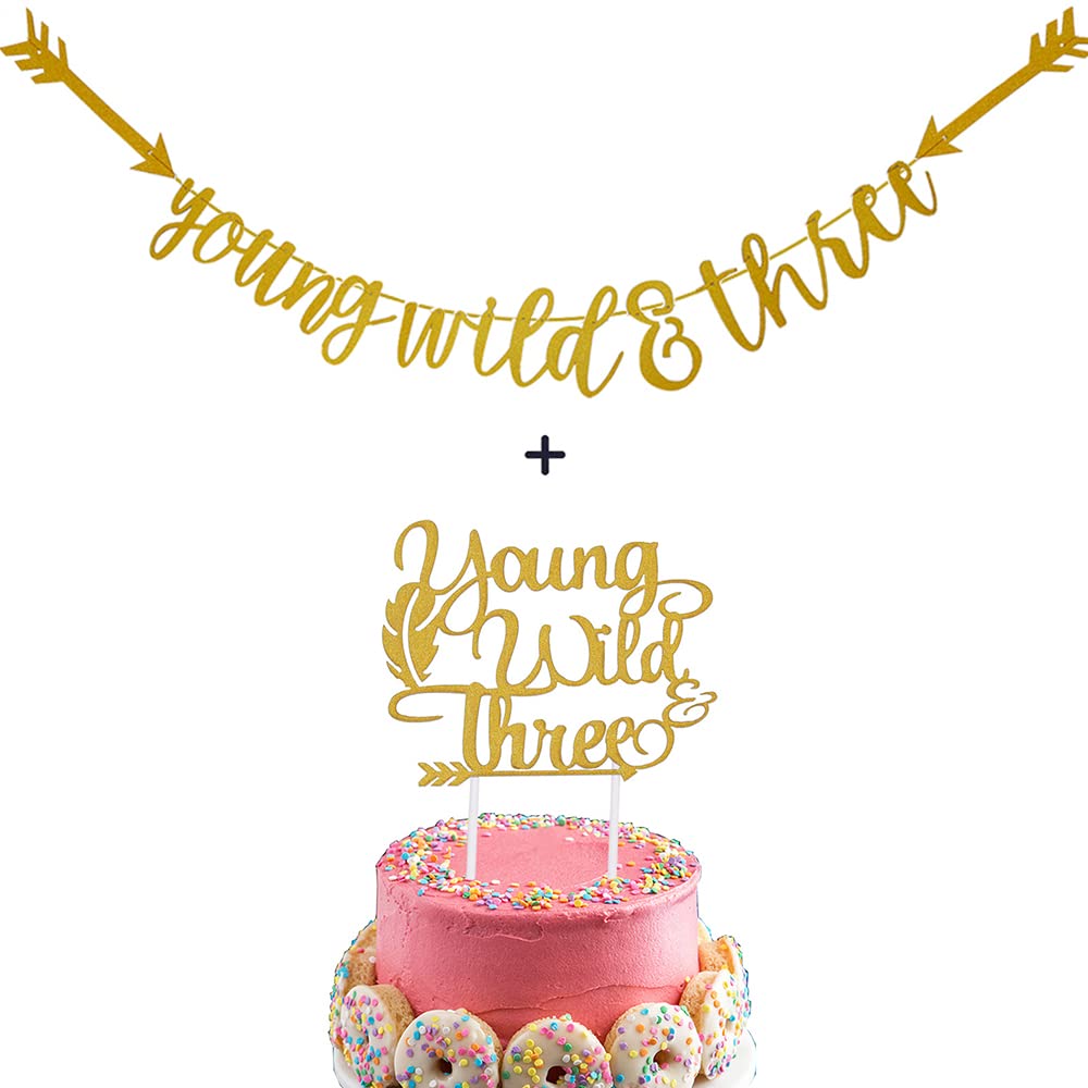 Young Wild & Three Gold Glitter Banner and Cake Toppers for Baby 3rd Birthday Party Decorations