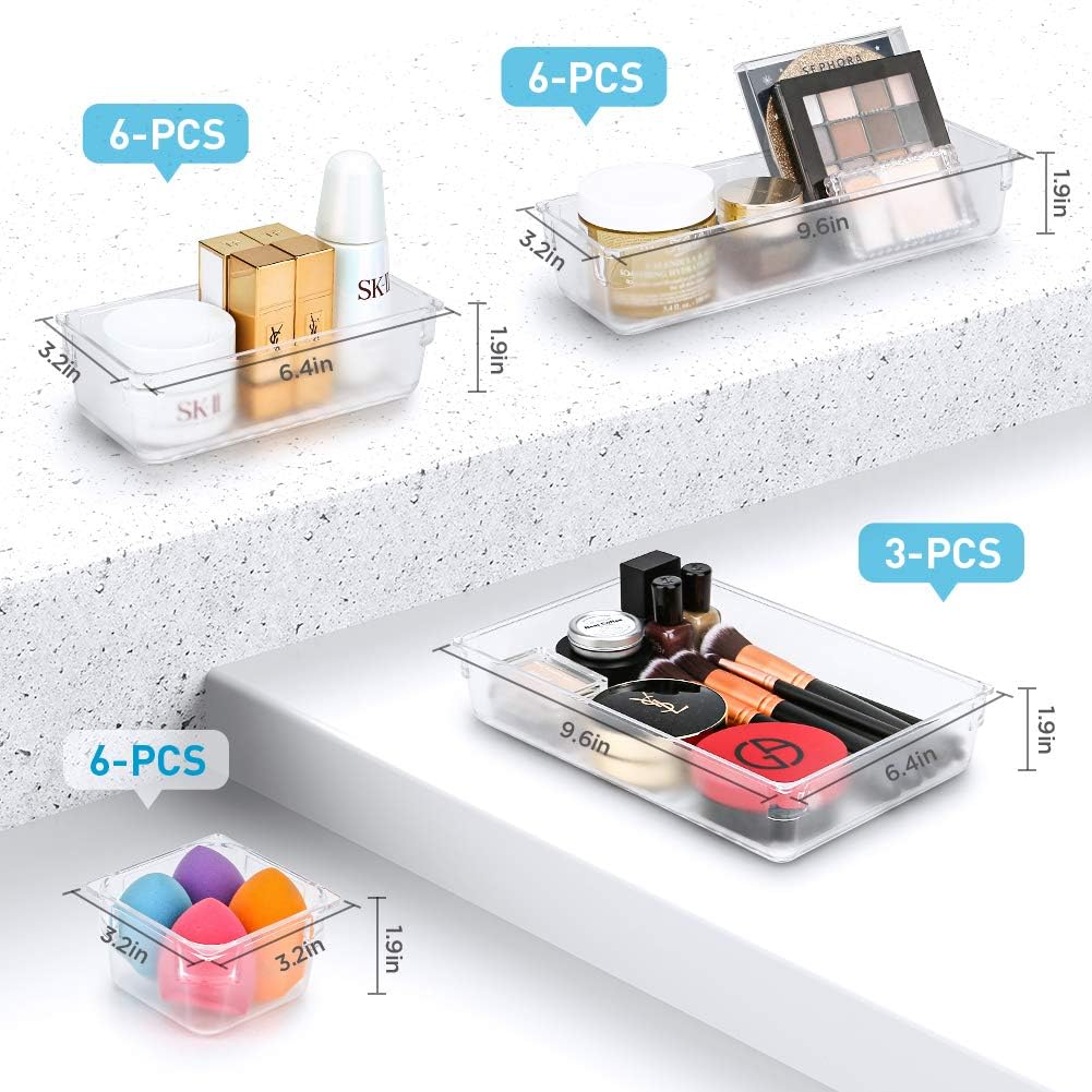 Kootek 21 Pcs Desk Drawer Organizer Trays 4-Size Bathroom Drawer Tray Plastic Storage Organizers Bins Customize Layout Dividers for Cosmetic Makeup Dresser Kitchen Flatware Cutlery Office Accessories: Home & Kitchen