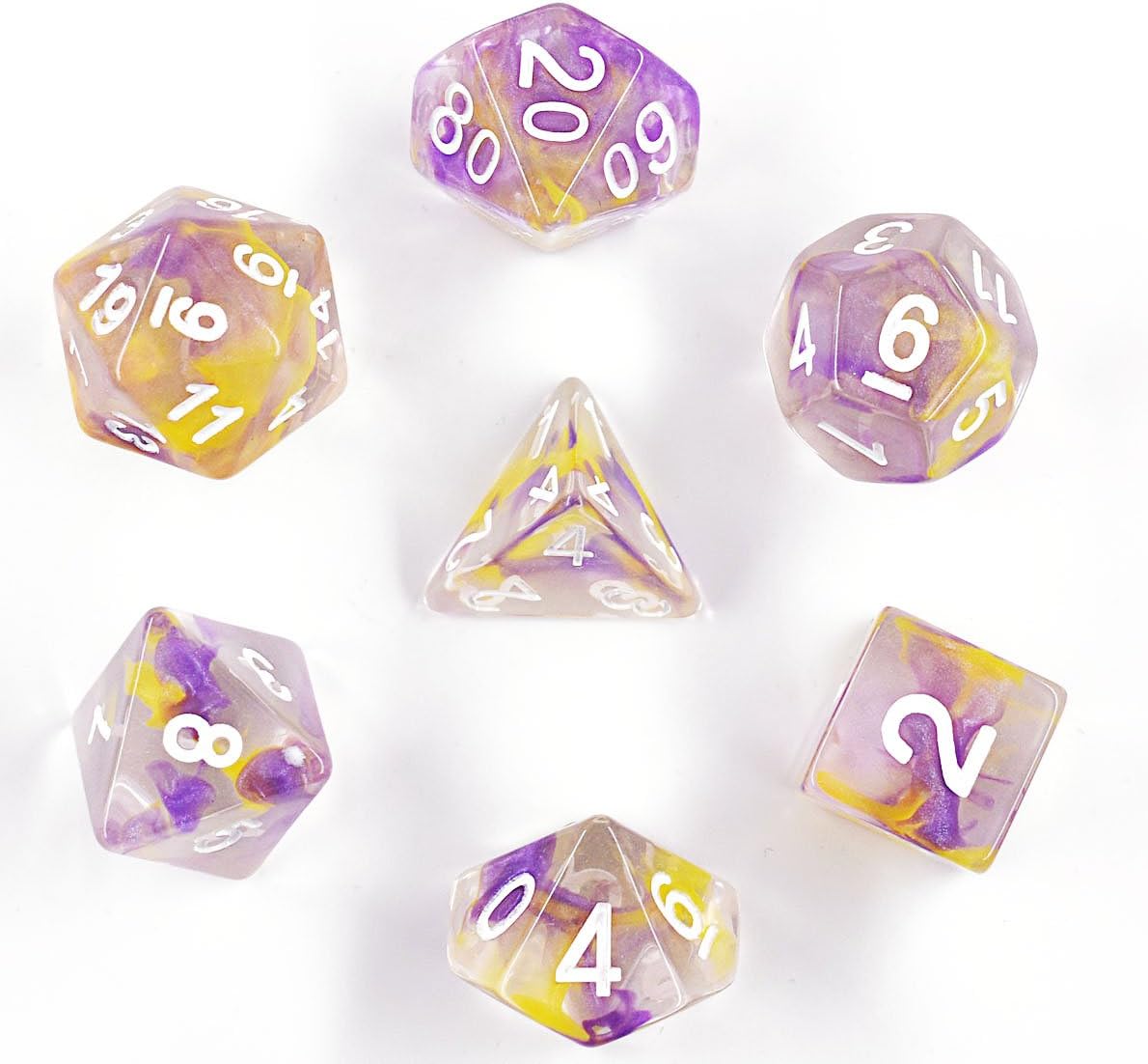 HDdais Polyhedral Gaming Dice Complete Sets of 7-Die Dice Great for Tabletop, Roleyplaying & DnD Games, Math & MTG (Purple/Yellow)