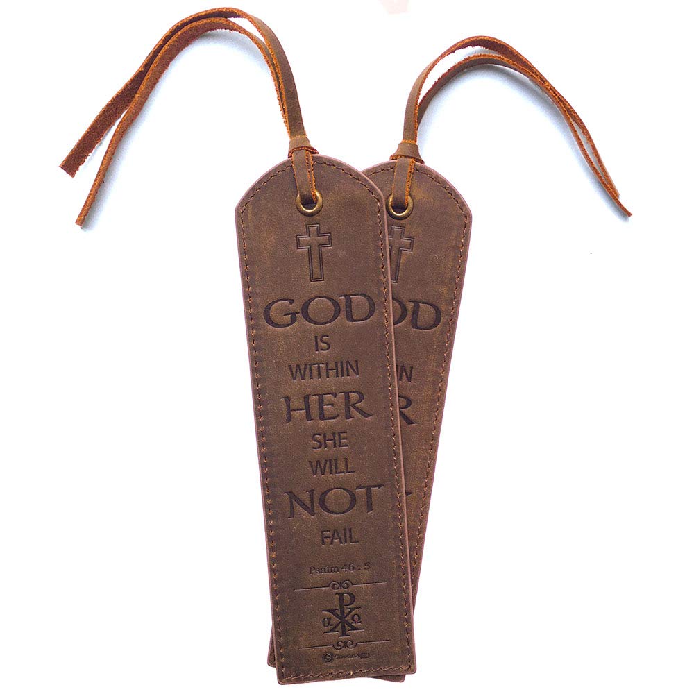 Leather Bible Bookmarks - 2 Leather Christian Bookmarks with Inspirational Bible Verse | Psalm 46: 5 God is Within Her | Perfect Religious Book Marker Gifts for Men, Women, Readers and Friends