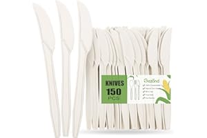 Gezond Compostable Knives 150 Count White Heavy-Duty Knives 7.1 Inch Disposable Cutlery Set Biodegradable Utensils for Party 