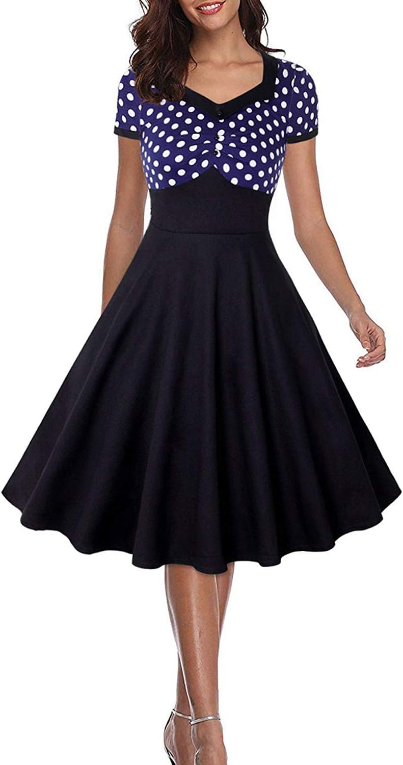Ladyjiao Women's 1950s Rockabilly Prom Dress Polka Dots Vintage Tea Dress