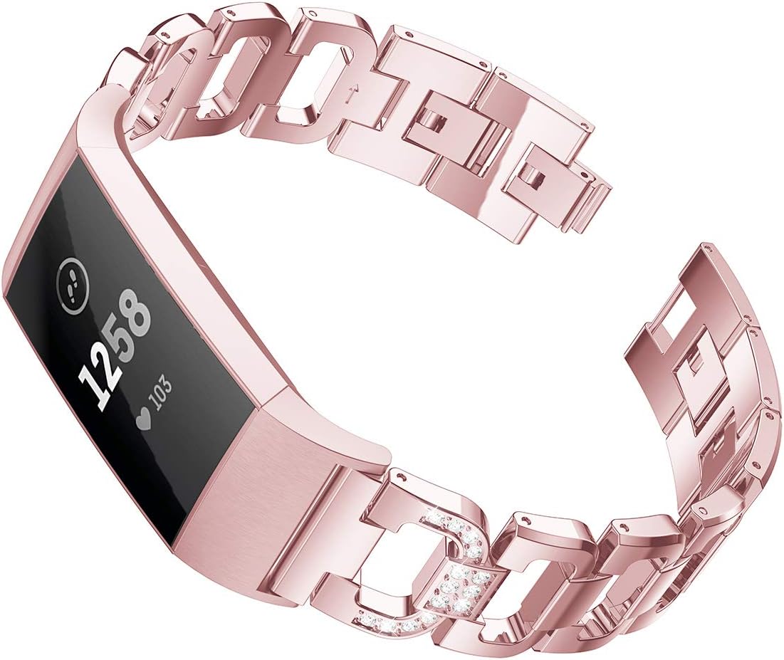Maxjoy Compatible with Fitbit Charge 3 Bands, Charge 4 Metal Band Women Diamond Rhinestone Bracelet Chain Strap Replacement for Fitbit Charge3/ Charge4/ Charge 3 SE Wristband Black, Silver, Rose Gold
