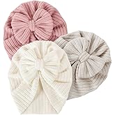 ZURLEFY 3 Pack Velvet Baby Turban Hats with Bow, Stretchy Baby Head Cover Beanies for Newborn, Toddler, Infant Head Wraps