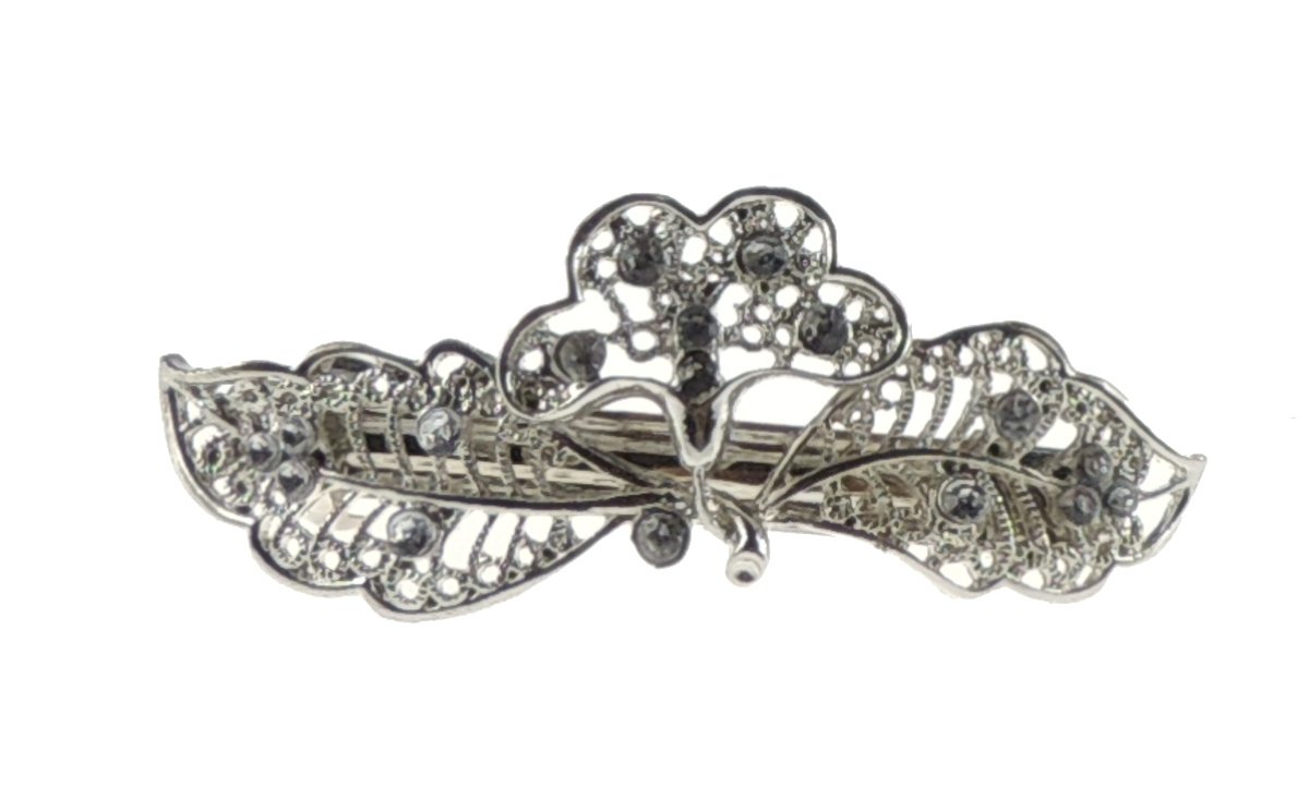 Womens Girls Diamante Crystal Stone Wedding Birthday Party Evening Ponytail Fine Medium Hair Accessories Occasion Barrette Hairpin Grip French Spring Clip Vintage Look 7.5cm Silver Tone Metal Butterfly