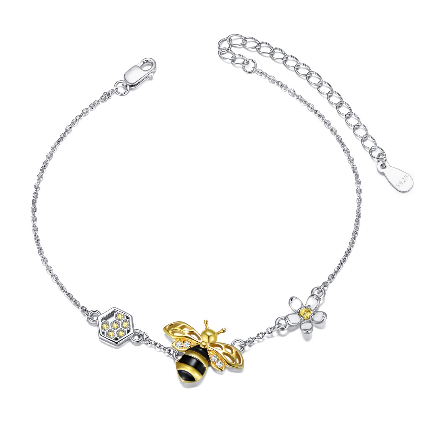 LONAGO 925 Sterling Silver Honey Bee Bracelet Cute Bumble Bee Flower Bracelet Jewelry for Women