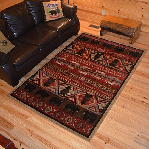 Rustic Lodge Bear Pine Tree 8x10 Red Area Rug, 7'10"x9'10