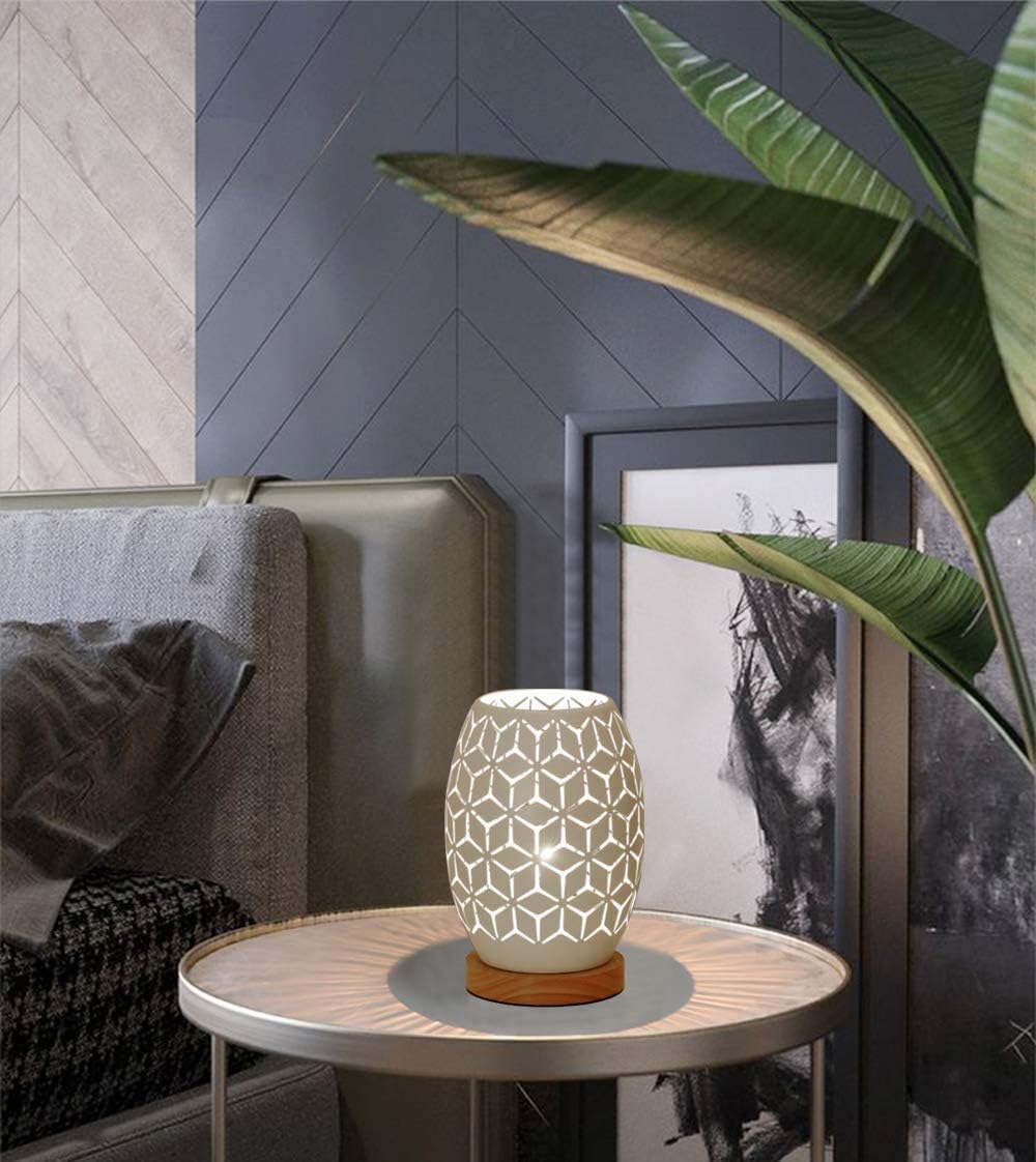 HHMTAKA Metal Lampshade Bedside Table Lamp Wooden Base Bedroom Lamp Decorative Bedside Lamp with Edison Bulb for Bedroom Home Weddings Parties Patio Indoor Outdoor (Geometrical Shape) - Image 4