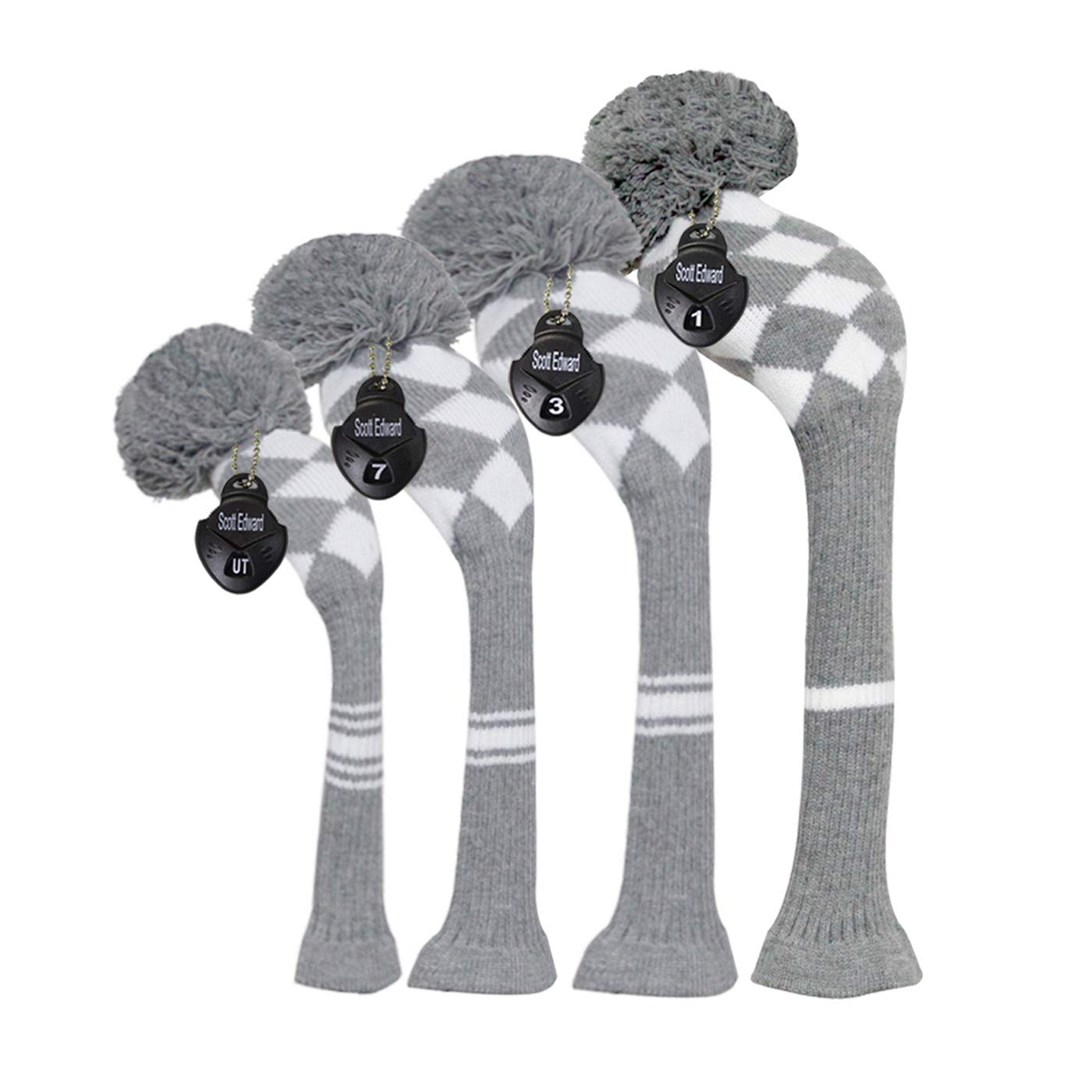 4 Pack Fairways Hybrid/UT Knit Driver's Head Covers Soft Warm Keep Club Clean (Grey White Argyl)