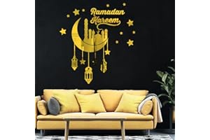 KYMY Eid Mubarak Ramadan Kareem Wall Stickers, Islamic Muslim Arabic Clings, Acrylic 3D Mirror Shinning Wall Decals for Hajj, Eid Al Adha Home Room Wall Decorations (Golden)