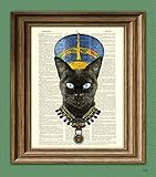 Queen Nefertiti the black Pharaoh Cat rules Egypt with her poise illustration beautifully upcycled dictionary page book art print