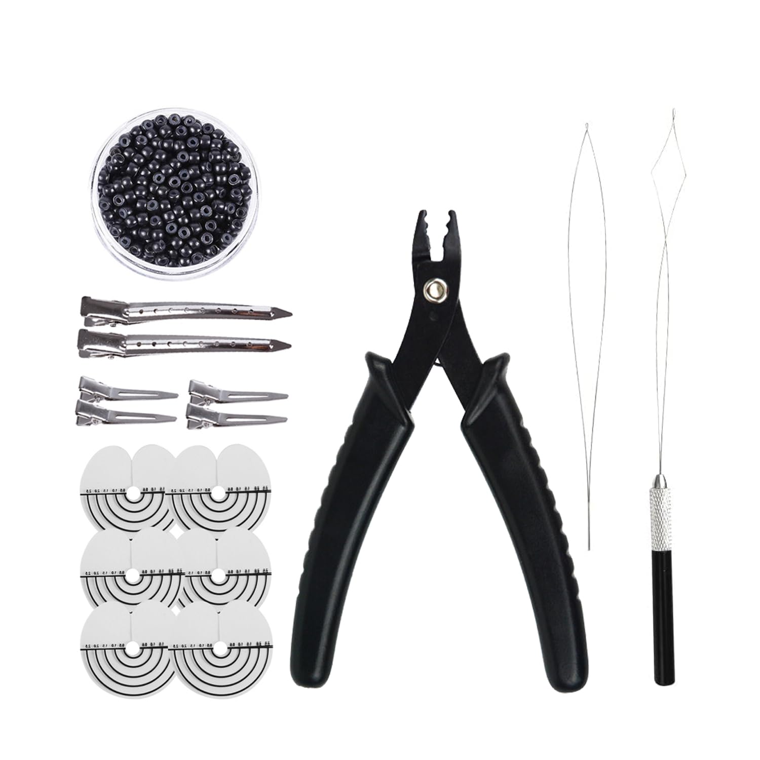 Hair Extensions Kit : 2 Holes Hair Pliers,500Pcs 3mm Silicone Hair Rings Beads, Pulling Needle and Loop Threader (Black)
