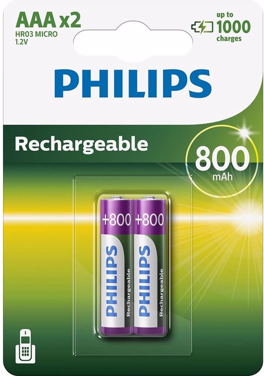 Philips Multilife 1.2V R03 800mAh NiMH Rechargeable AAA Batteries (2 Pack)