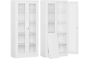 PEUKC Display Cabinet with Glass Doors, 71IN Metal Curio Cabinets with 4 Adjustable Shelves, Locking Glass Cabinet Display Case for Home, Office, Clinic, Pantry (White)