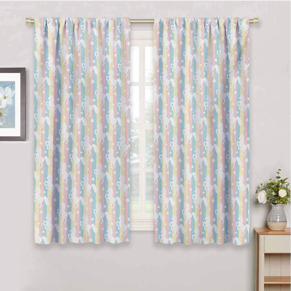 HoBeauty home Unicornblack Out Window curtainPastel Colored Vertical Stripes with White Unicorn Silhouettes and Stars Fantasysmall Window curtainMulticolor55 x 63 inch