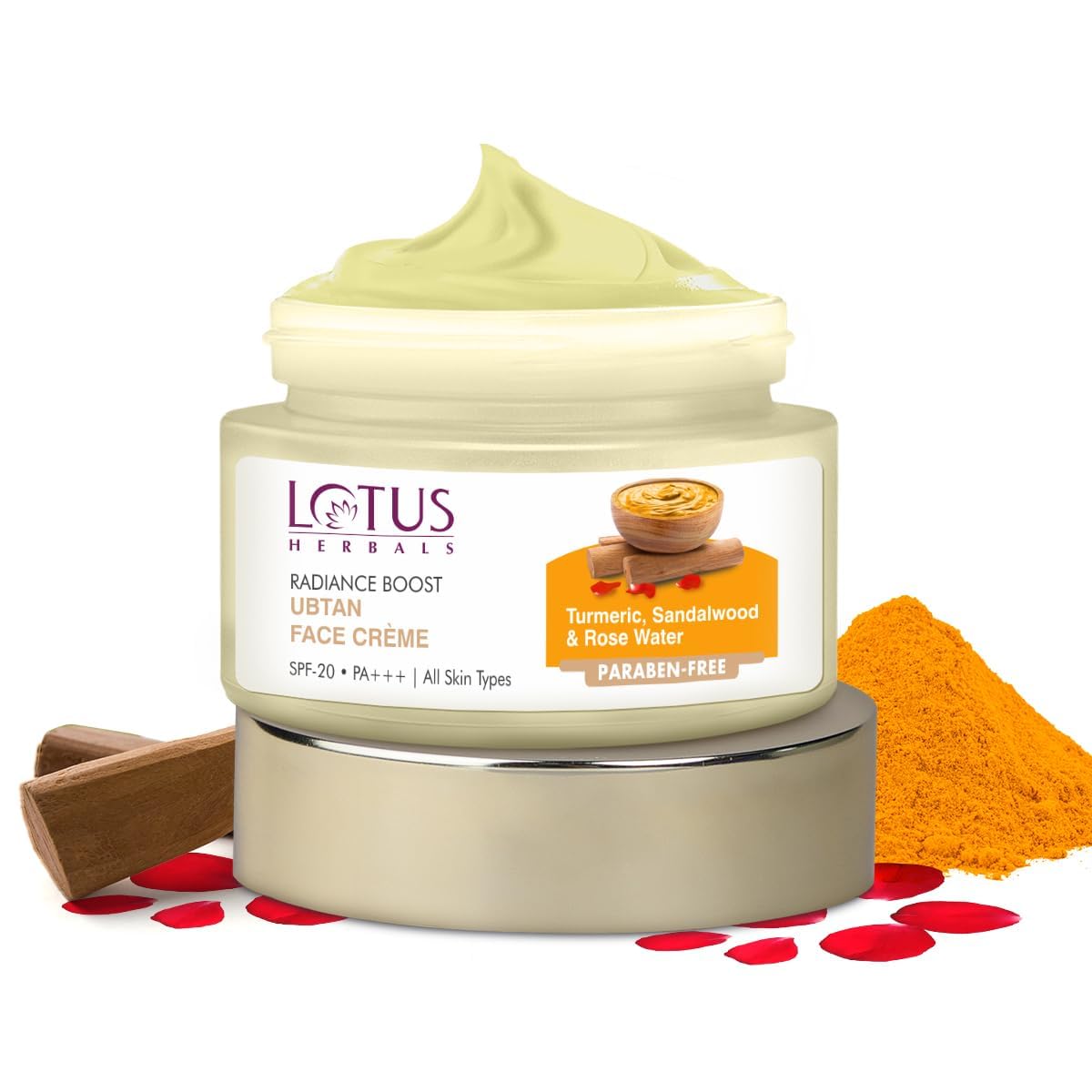 Lotus Herbals Radiance Boost Ubtan Face Cream SPF 20| Turmeric, Sandalwood and Rose Water | Glowing Skin | Reducing Dark Spots| Paraben free | Mineral Oil Free | 50g