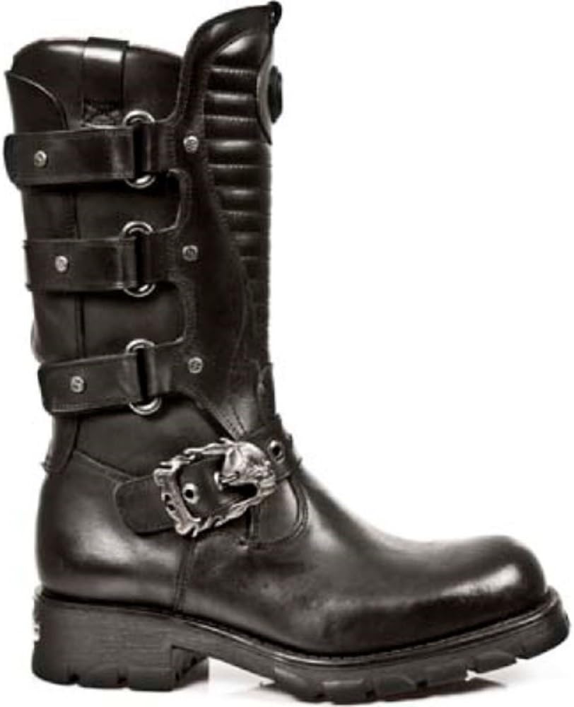 Newrock Mens Black Leather Metallic Biker Long Metal Boots - M.7604-S1
