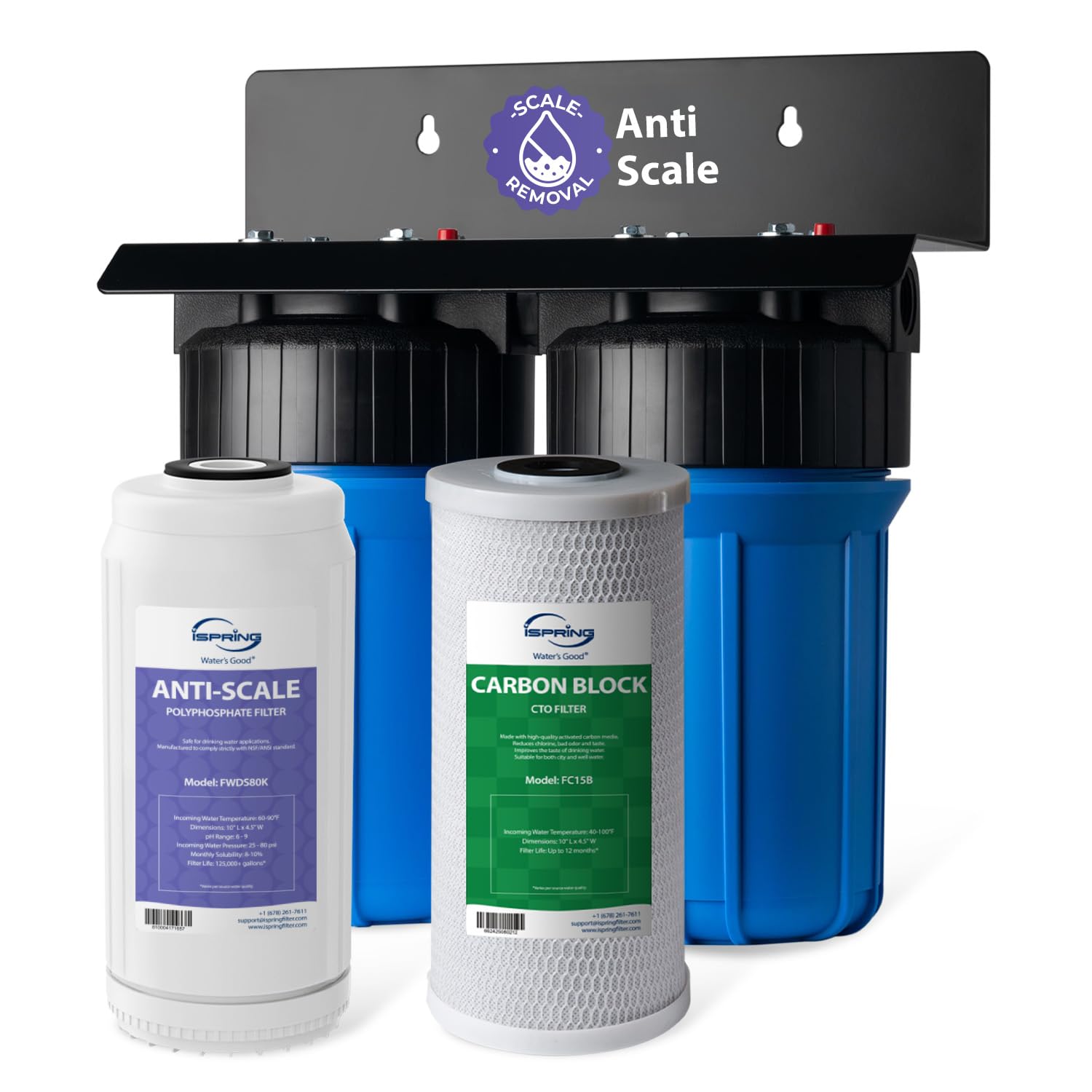 iSpring Anti-Scale Whole House Water Filter System, Reduces up to 99% Chlorine, Odor, and Sediments, 2-Stage Water Descaler and Whole House Water Filter, 1" Inlet/Outlet, Model: WGB21B-DS Image