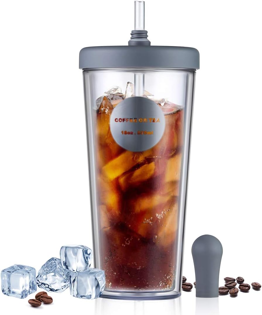 RED MAISON Insulated Travel Tumblers Double Wall Drink Tumbler Cup with Reusable Straw & Lid for Party Coffee Juice Beverage To Go Hot or Cold Drink,18 oz (Grey)
