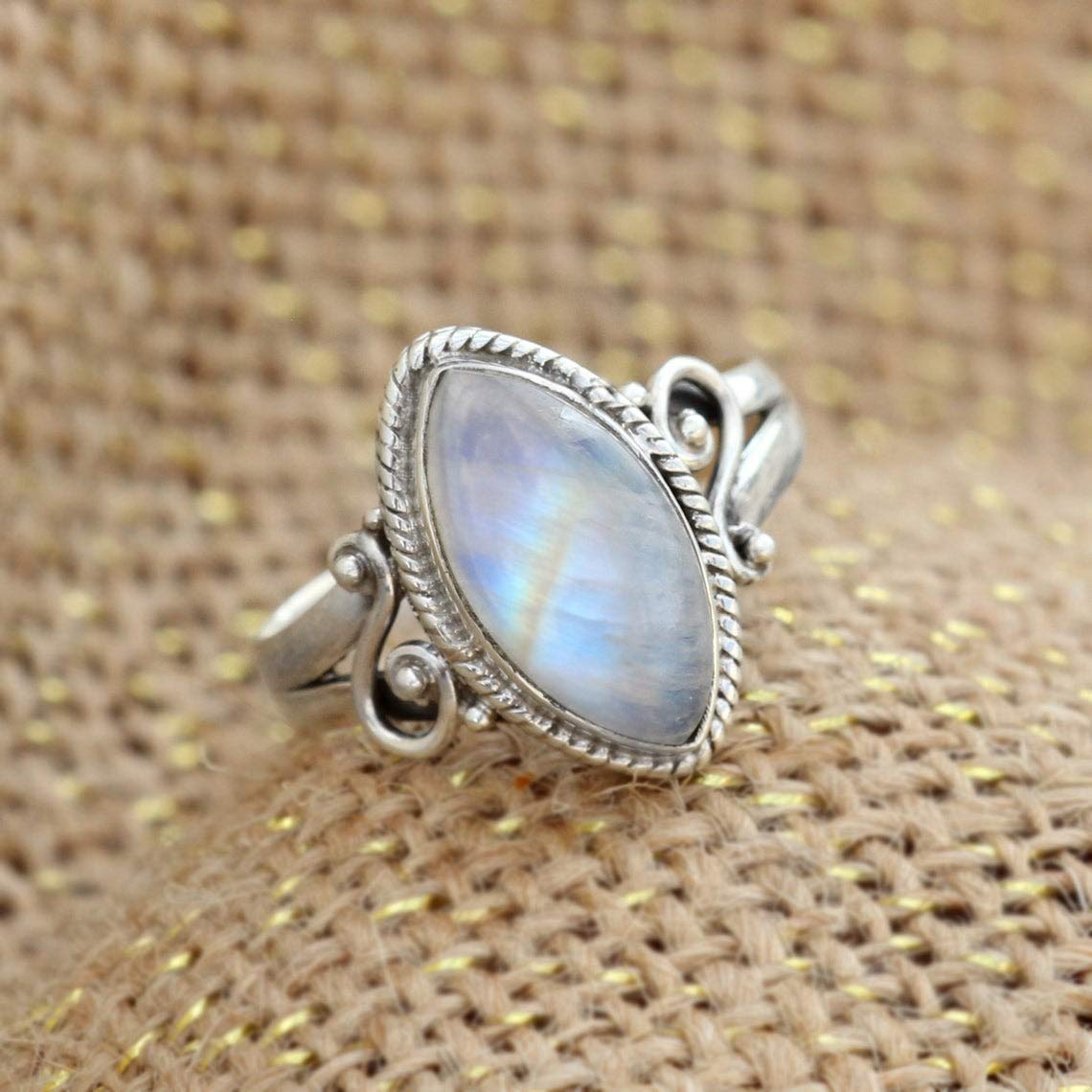 Moonstone Ring Sterling Silver Small Marquise Shape Moonstone