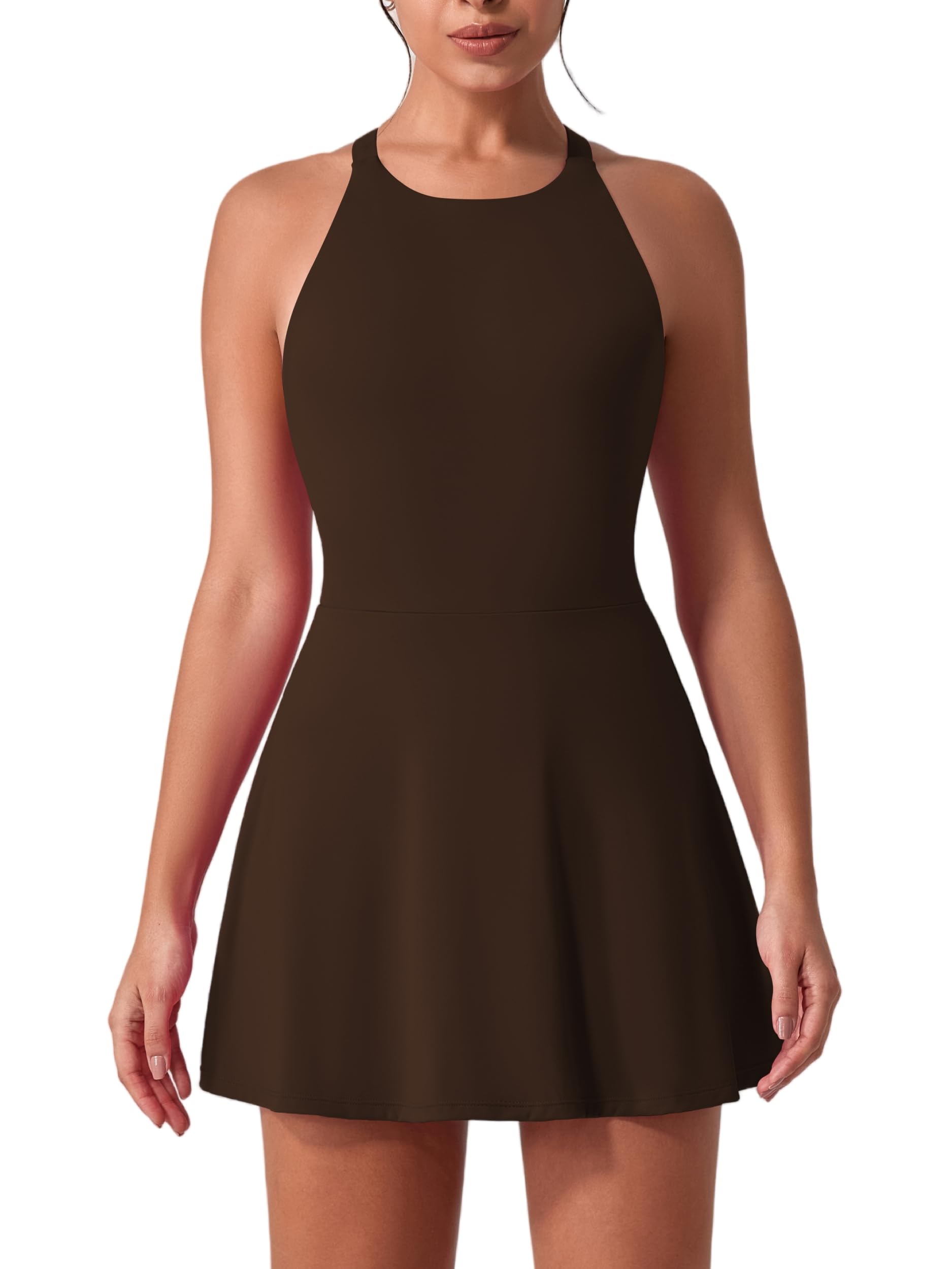 Photo 1 of ABOCIW Athletic Dress for Women High Neck Cross Back Tennis Dress with Built-in Shorts Sleeveless Golf Workout Active Dress Brown Small