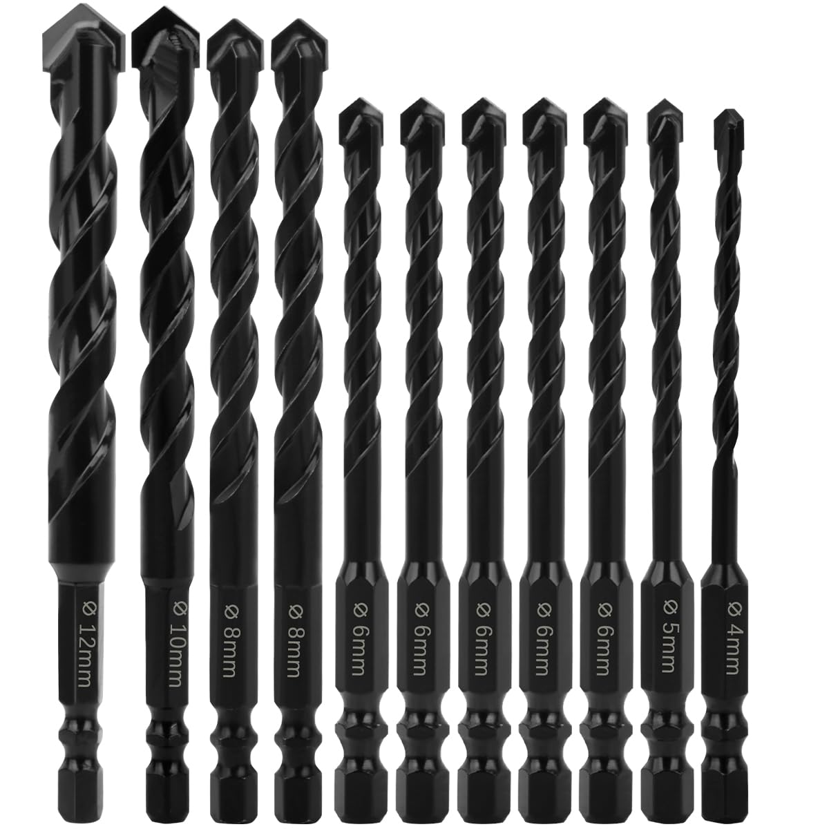 Masonry Drill Bits Set 11PCS Carbide Concrete Drill Bit Set Porcelain Tile Drill Bits for Stone Tile Brick Ceramic Glass Metal Sheet Plastic and Wood, Quick Change 6mm Hex Shank, Size 4/5/6/8/10/12mm