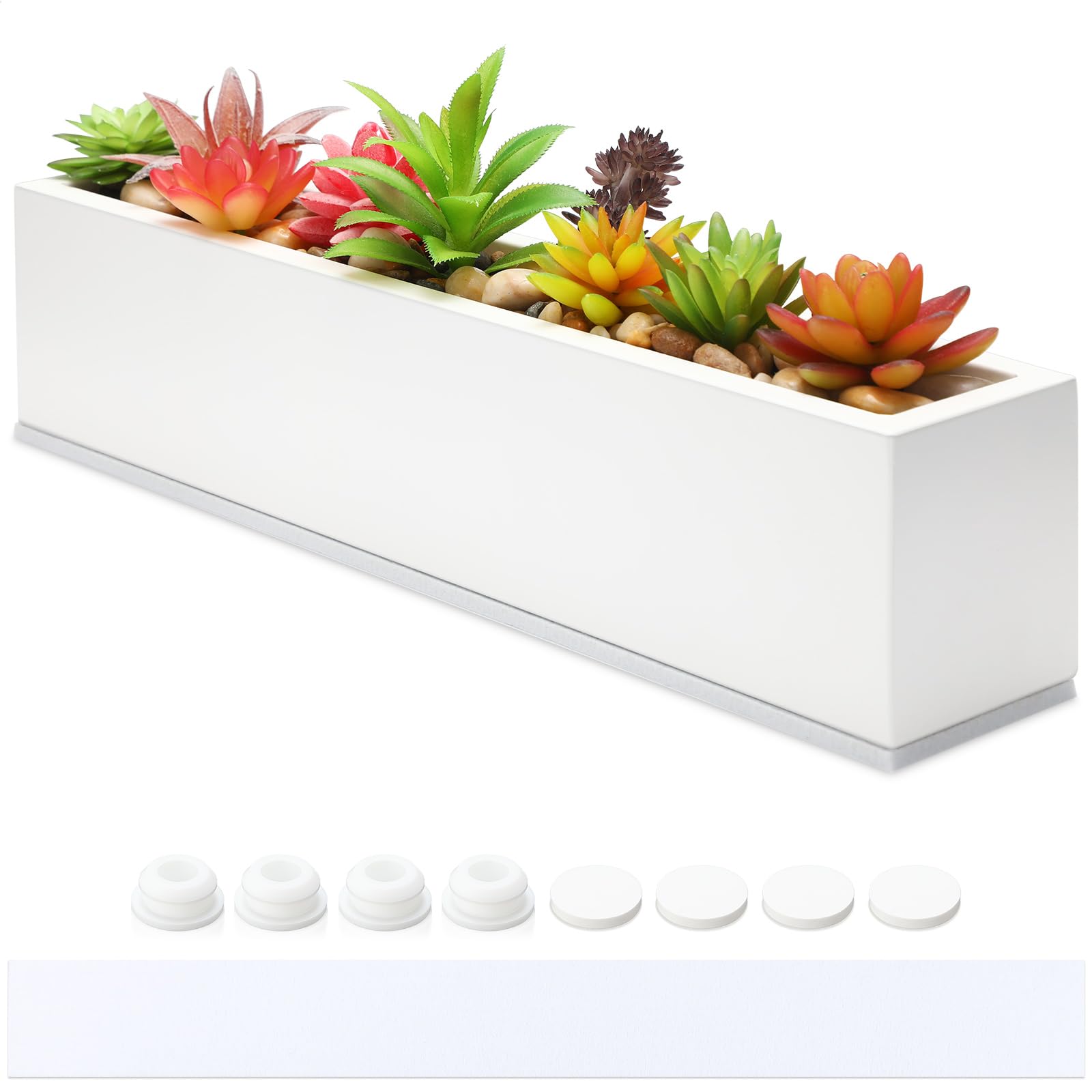 Photo 1 of (USED/FAIR) (SUCCULETNS NOT INCLUDED) FillTouch 16.1 x 3.2 x 3.5 Inch Long Rectangular Planter Box Window Sill Plant Box Metal Water Trough Indoor Large Modern Steel with Drainage Holes Herb Garden Home(White)