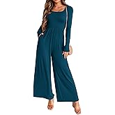 KIRUNDO Long Sleeve Jumpsuit for Women 2026 Spring Outfits Summer One Piece Square Neck Wide Leg Pants Romper With Pockets