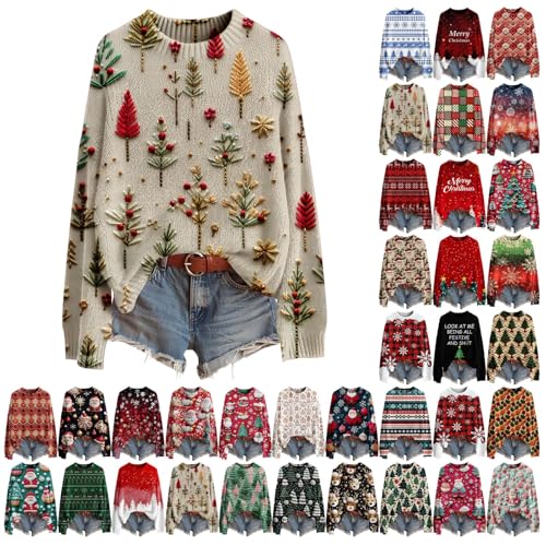 Christmas Jumpers for Women Womens Christmas Jumpers Fashion Xmas Printed Knitted Sweaters Ladies Xmas Sweaters Casual Winter Warm Long Sleeve Tops Soft Comfort Crew Neck Jumper Oversized Sweatshirt