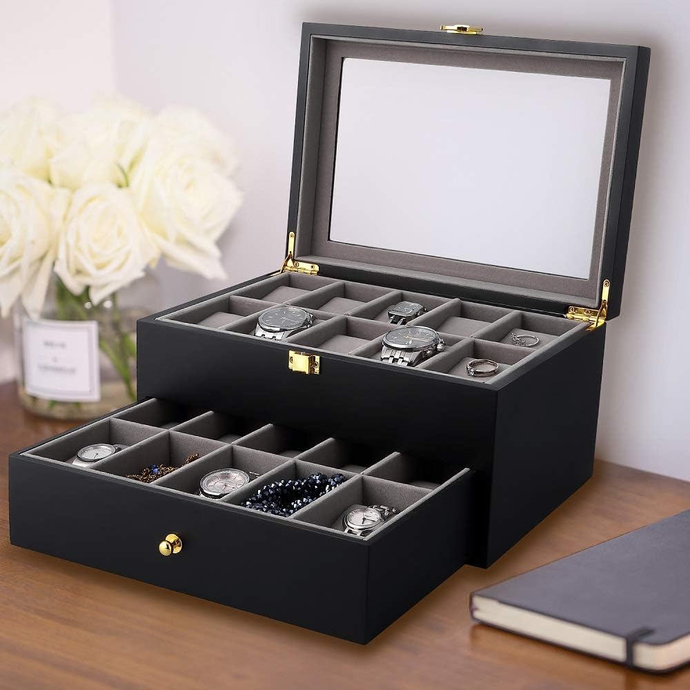 Uten Watch Box 20 Slots, 2-Tier Wood Watch Case with Glass Lid - Image 3