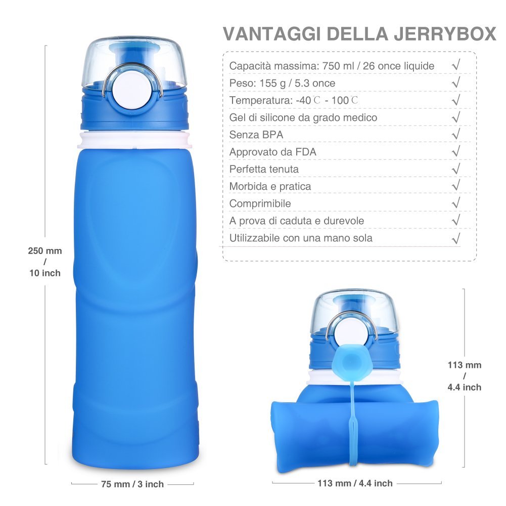 JerryBox Acqua Bottiglia Pieghevole Silicone 750 ml per uso medico priva di BPA approvata dalla FDA bottiglia a perfetta tenuta in silicone pieghevole