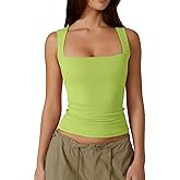 QINSEN Women's Square Neck Sleeveless Double-Layer Tank Tops Basic Tight T Shirts