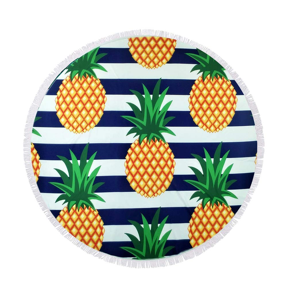 btcus4 Round Beach Towel Circle Blanket with Tassels Thick Microfiber Ultra Soft Super Water Absorbent Digital Printing High Color Fastness Multi-Purpose Sunscreen Yoga Mat Camping (120-pineapple)