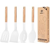 BUNDLEPRO Silicone Cooking Utensils Set, 4 Pcs Spatula and Spoon Set, White | Non-Stick, Heat Resistant, Wooden Handle Kitchen Utensils for Mixing, Serving, Turning, Stirring