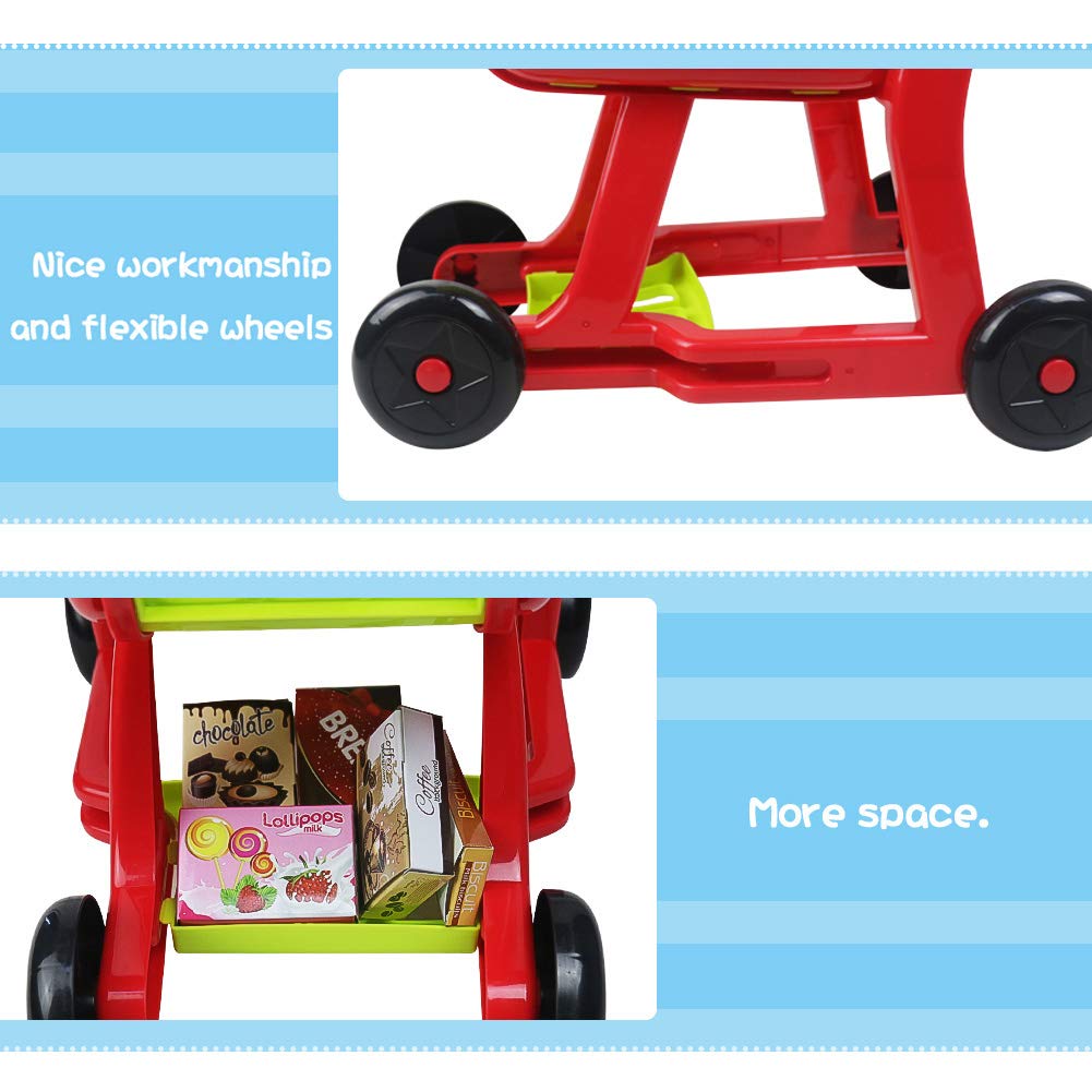 Nuheby Carrito de Compra Infantil Supermercado de Juguetes con Frutas Vegetales y Alimentos Falsos Juguete de Cocina en Miniatura 3 Años Juguete Educativo Temprano (27 Piezas)