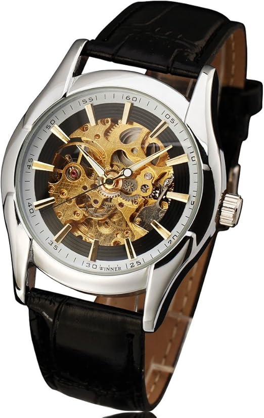 Amazon Com Winner Watch Royal Carving Automatic Black Leather Strap Thin Case Hollow Skeleton Designer Watches Men Luxury Brand Clock Men Watches